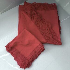 Vintage Pure Red Oval Tablecloth 6 Square Napkins Lace Trim On All Immaculate!